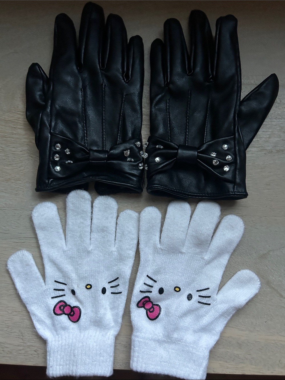 Kids Glove Set — Black Faux Leather Gloves & White Character Knit gloves